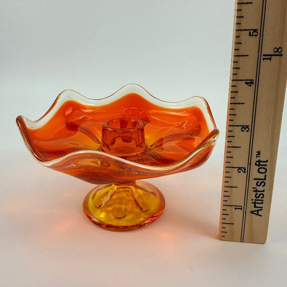 Viking Epic 6 Petal Persimmon Pedestal Taper Candle Holder Art Glass MCM